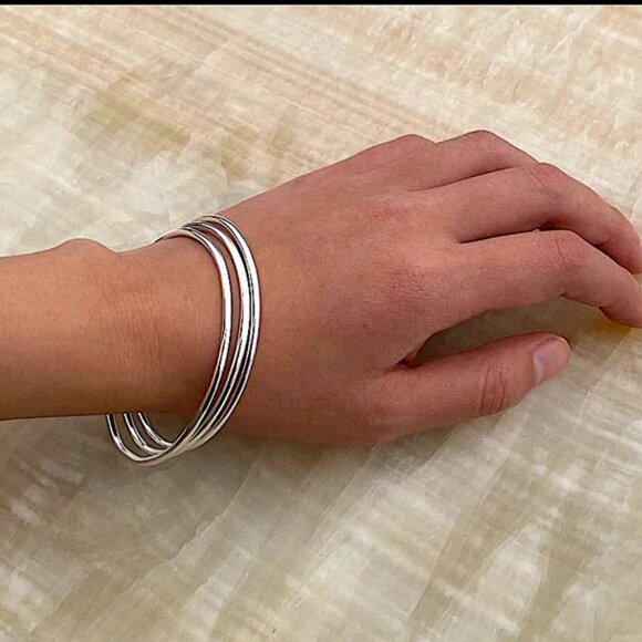 Sterling Silver Three Piece Thin Bangle Minimalist Bracelet Set - Picture 2 of 4